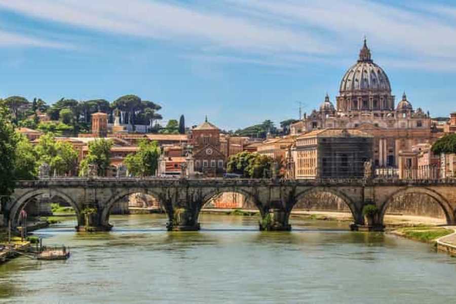 St. Peter's Basilica and bridge over the Tiber River.