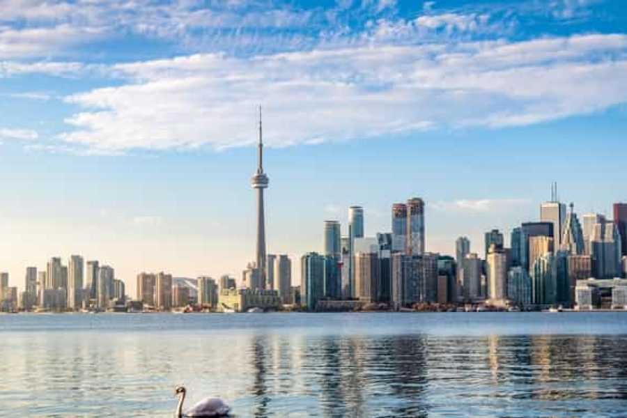 Toronto skyline with CN Tower and lake view.